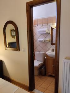 a bathroom with a toilet and a sink and a mirror at Valentini Guesthouse in Karpenision