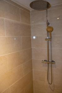 y baño con ducha con cabezal de ducha. en Casa Rural Griso, en Riba-roja d'Ebre