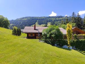 una casa de madera en una colina con un estanque en la parte delantera en Reithütte, en Krispl