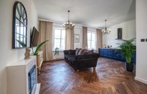 - un salon avec un canapé et une cheminée dans l'établissement Marszałkowska Move in Premium apartament no 1, à Varsovie