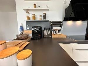 cocina con encimera y cafetera en Panorama Penthouse Apartment Whirlpool für 6 Personen, en Frankenthal