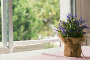 un jarrón de flores púrpuras sentado en una mesa en Apartaments Falcó, en Llançà