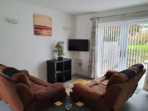 a living room with a brown leather couch and a television at Modern, self-contained annexe in the countryside in Callington