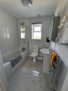 a white bathroom with a toilet and a sink at Modern, self-contained annexe in the countryside in Callington