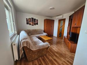 ein Wohnzimmer mit einem Sofa und einem Tisch in der Unterkunft zidanica Bunderšek in Šentjanž