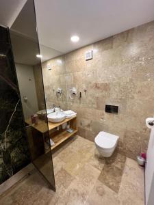 a bathroom with a toilet and a sink and a shower at Apartament Maria Novum Residence in Olimp