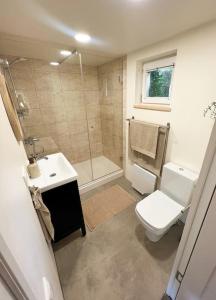 uma casa de banho com um chuveiro, um WC e um lavatório. em Oak Heart, Lucavsalas namiņš em Riga
