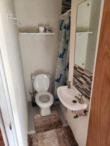 a small bathroom with a toilet and a sink at Valdu Cozy Cottage in Christ Church