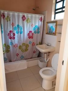 y baño con aseo y cortina de ducha. en Belle Breeze Cottage en Gros Islet