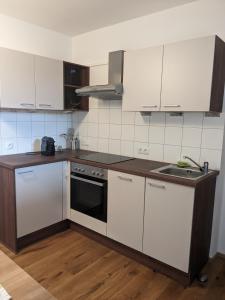 a kitchen with white cabinets and a sink at Ferienwohnung Genusshaus TIMIschl in Sankt Margarethen an der Raab