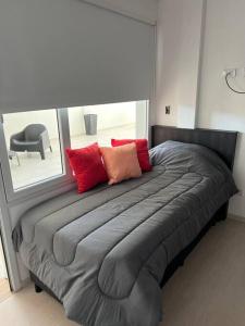 Un dormitorio con una cama con almohadas rojas. en apart trelew 1 en Trelew