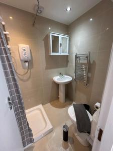 a bathroom with a shower and a toilet and a sink at Flat 1, 128A Belsize Road NW6 4BG LONDON in London