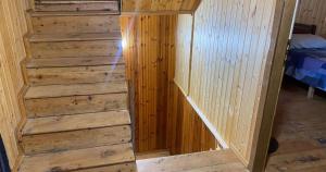 a wooden staircase in a cabin with a wooden wall at Bujtina Shpjia e Gjyshit in Ndërlysaj