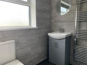 a bathroom with a sink and a toilet and a mirror at Salty Dogs Chalet in Lowestoft