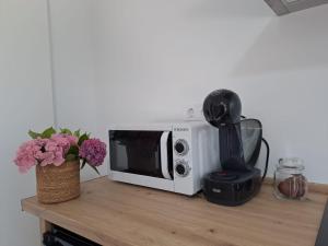 a microwave on a counter with flowers and a blender at O Peteiro in Redondela
