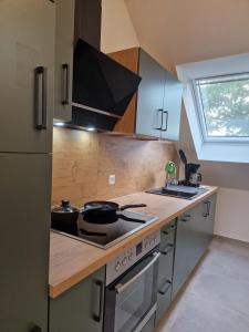 een keuken met een fornuis top oven naast een raam bij Wohnung 1 - a90070 in Haselünne