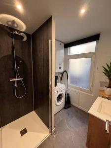 een badkamer met een douche en een wasmachine bij Beau Loft room proche mont saint Michel jaccuzi illimité en plein centre Avranches in Avranches