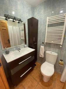 bagno con servizi igienici, lavandino e specchio di Habitación intima con patio privado 