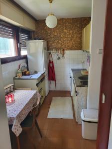 eine kleine Küche mit einem Tisch und einem Kühlschrank in der Unterkunft Apartman Ana in Nova Varoš