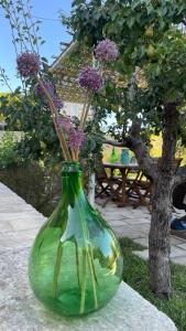 Un jarrón de cristal verde con flores púrpuras. en Bio&B Acquaviva, en Otranto