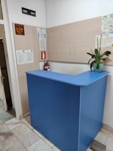un mostrador azul en una habitación con una maceta en ЛИДЕР ХАУС ХОСТЕЛ en Varna