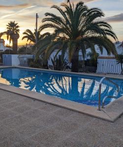 une piscine avec des palmiers et un coucher de soleil dans l'établissement Mar y Sol Costa Blanca, à Cumbre del Sol