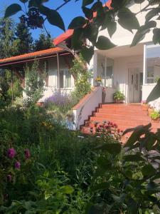 a house with a bunch of flowers in the yard at Dom Natura in Grzybowo