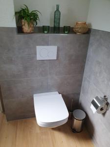 La salle de bains est pourvue de toilettes blanches. dans l'établissement Gästehaus Spatzennest Wohnung 2, 