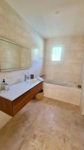 uma casa de banho com uma banheira grande e um lavatório e uma banheira. em Villa Murati 6 pers à 5 min de la mer em Sisco
