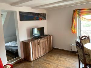 ein Wohnzimmer mit einem TV auf einem Holzschrank in der Unterkunft Alter Rhin 