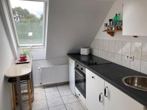 eine Küche mit weißen Schränken, einem Waschbecken und einem Fenster in der Unterkunft Alter Rhin 