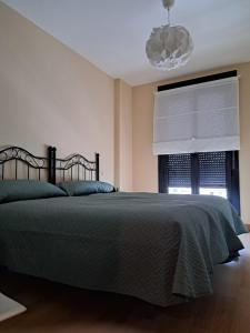 um quarto com uma cama com um edredão verde e uma janela em El Ñeru'l Cantu em Villaviciosa