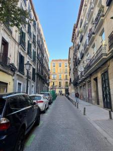 eine Straße mit am Straßenrand geparkt in der Unterkunft Nuevo Apartamento en el Centro de Madrid a 3 calles de Gran Vía in Madrid