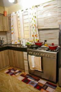 a kitchen with a stove with two pots and pans at Jaymorgan' cabins in Nyeri