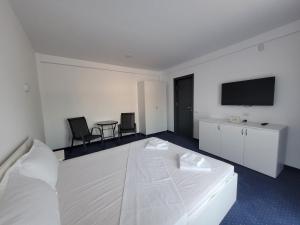 a hotel room with a bed and a tv on the wall at Laguna Grey in Mangalia