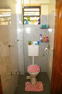 a small bathroom with a toilet and a shower at Jaymorgan' cabins in Nyeri