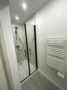 een badkamer met een douche en een glazen douchecabine bij Villa Narcisse in Luchon