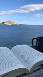 an open book sitting on a table with a coffee mug at Planitis Lighthouse View in Panormos