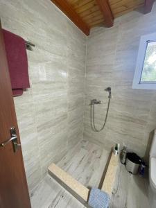 uma casa de banho com um chuveiro e uma parede de madeira em Villa Mitsialis em Lakka
