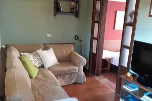 a living room with a couch and a flat screen tv at Apartamento tranquilo en una casa con jardín in Las Lagunas