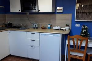 a kitchen with white cabinets and a christmas tree on the counter at Apartamento tranquilo en una casa con jardín in Las Lagunas