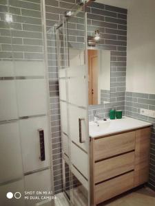 a bathroom with a sink and a shower with a mirror at Apartamento con encanto Ripalda VALENCIAYOLE in Valencia