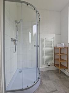 鲍纳塔尔SOVA Pension Baunatal的浴室里设有玻璃门淋浴