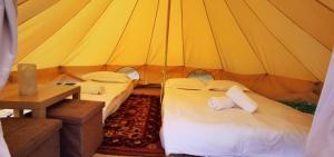 a tent with two beds and a table in it at STORY GLAMPING POLOVRAGI in Racoviţa