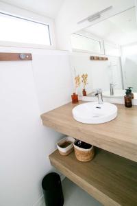 a bathroom with a sink and a mirror at Ty Meham, à 700m de la plage et Meneham, grand terrain calme in Kerlouan