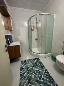 uma casa de banho com uma cabina de duche em vidro e um WC. em Cosy house best location em Yomra