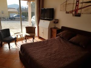 1 dormitorio con 1 cama, 2 sillas y TV en Joli studio St André Les Alpes confortable et bien situé, idéal randonnées, parapente en Saint-André-les-Alpes