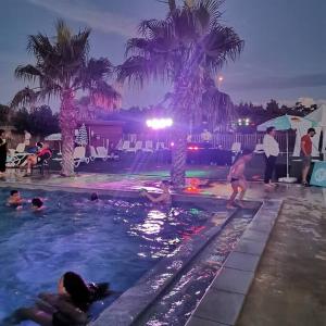 een groep mensen in een zwembad 's nachts bij Mobile home tout confort Roman in Port-la-Nouvelle