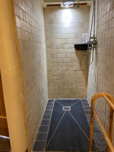 a small shower with a blue floor in a bathroom at The Arches - Private woods, comfy beds, fast Wi-Fi, SkyNetflix in Wellingborough