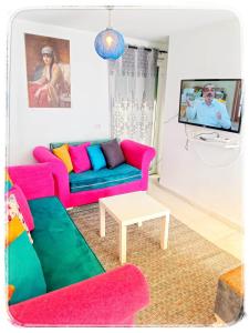 ein Wohnzimmer mit einem Sofa und einem TV in der Unterkunft Cosy Duplex" Sidi Bou Said " in Sidi Bou Saïd